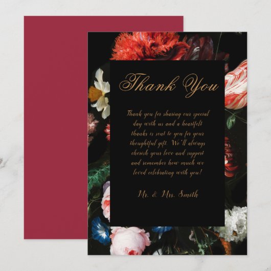 Weddenschap Hartelijk dank Rood Zwarte Floral Bedankkaart (Voorkant / Achterkant)