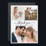 Weddenschap Hartelijk dank Schepje 3 Foto collage<br><div class="desc">Elegant, stijlvol, minimalistisch, modern Script Wedding Dank u 3 Foto Collage magnetische kaart. De bruiloft dank u kaart sjabloon met (3) drie foto. Met een tekst "Dank u" in een handgeschreven, geschreven kalligrafiescript swash-tail font in zwarte kleur op witte achtergrond. Hartvorm tussen de bruid en de naam van de bruidegom....</div>