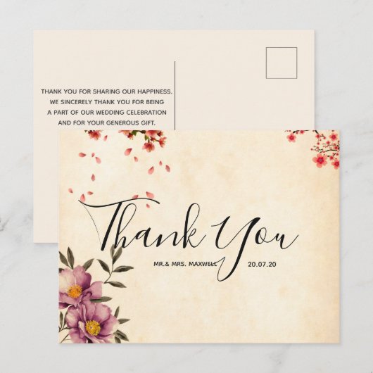 Weddenschap Hartelijk dank voor het Romantische Fl Briefkaart (Voorkant / Achterkant)