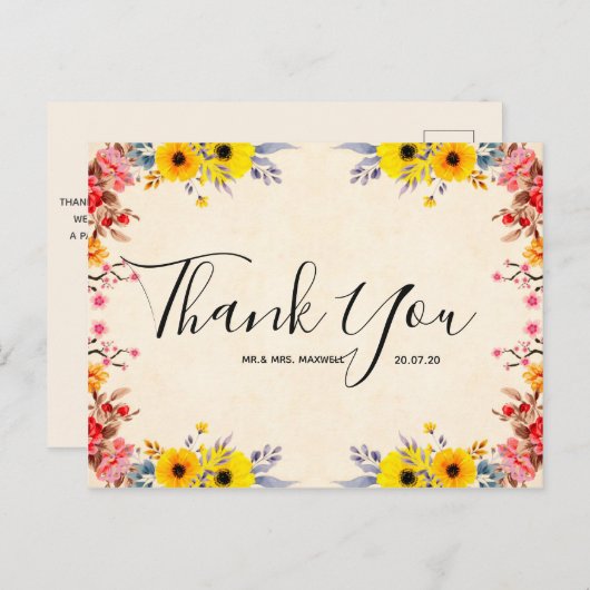 Weddenschap Hartelijk dank voor het Romantische Fl Briefkaart (Voorkant / Achterkant)