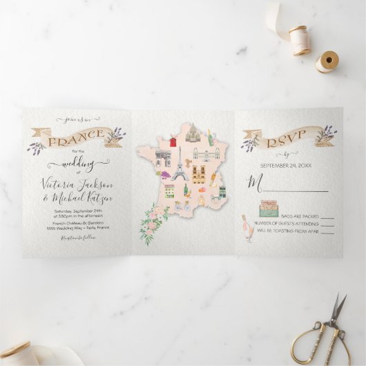 Weddenschap in France Tri-Fold Invitation Drieluik Uitnodiging (Binnen)