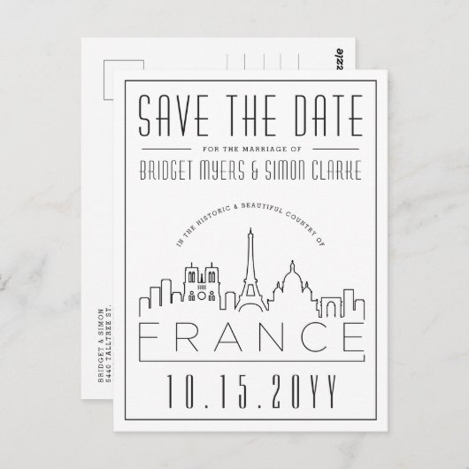 Weddenschap in Frankrijk | Skyline Save the Date B Briefkaart (Voorkant / Achterkant)