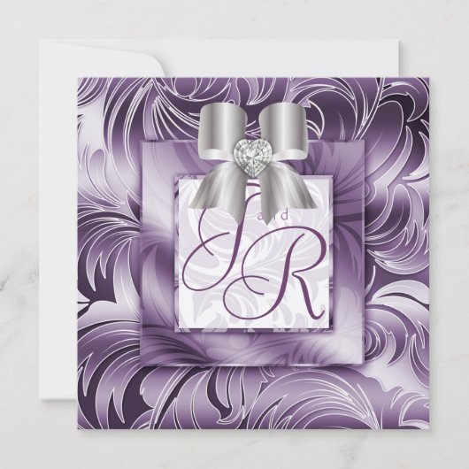 Weddenschap Invite Leaf Floral Paars Silver Bow 2 Kaart (Voorkant)