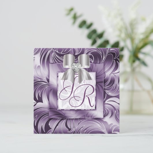 Weddenschap Invite Leaf Floral Paars Silver Bow 2 Kaart (Staand voorkant)
