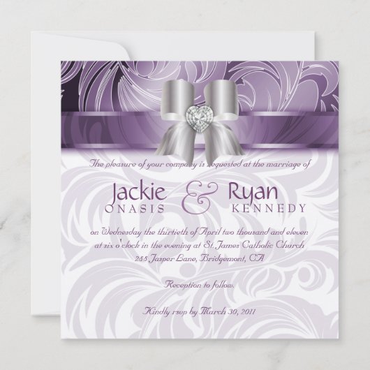 Weddenschap Invite Leaf Floral Paars Silver Bow 2 Kaart (Achterkant)