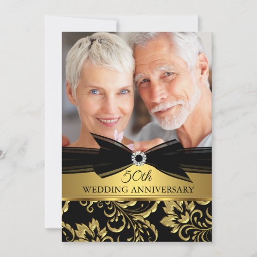 Weddenschap Jubileum Black Gold Damask foto Kaart (Voorkant)