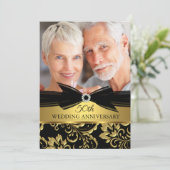 Weddenschap Jubileum Black Gold Damask foto Kaart (Staand voorkant)