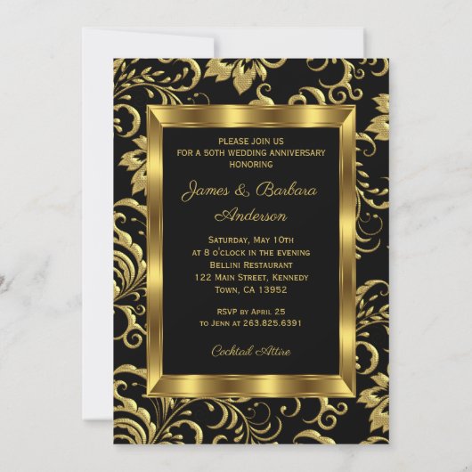 Weddenschap Jubileum Black Gold Damask foto Kaart (Achterkant)
