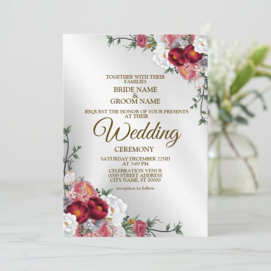 Weddenschap Kleurig Rood Witte Floral Silver Elega Kaart (Staand voorkant)