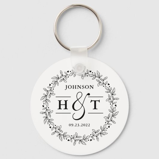 Weddenschap Koppel Monogram Floral Lijst Ronde Sleutelhanger (Voorkant)