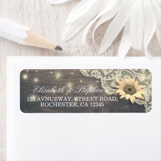 Weddenschap Lace Sunflower Rustic Wood Lichten Etiket (Insitu)