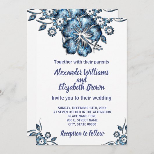 Weddenschap Land Chic Blue Flower Invitation Kaart (Voorkant / Achterkant)