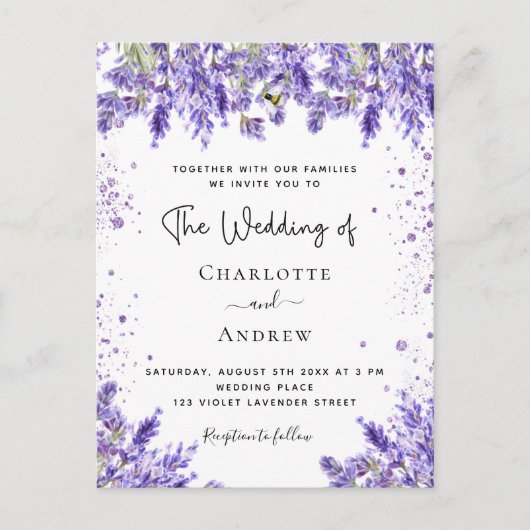 Weddenschap lavender violet florale glitter-uitnod briefkaart (Voorkant)