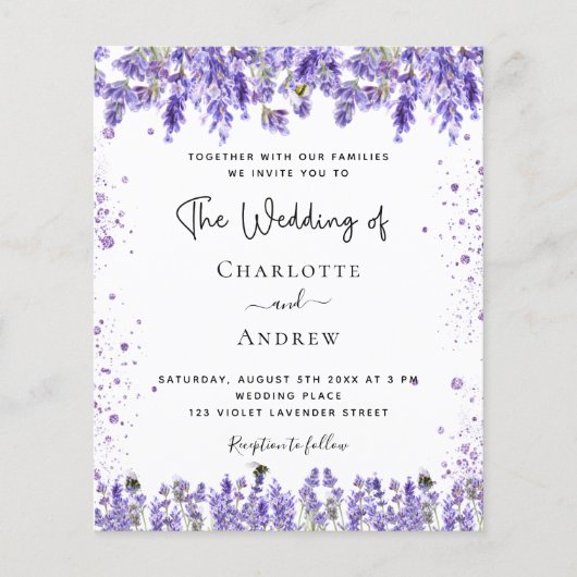 Weddenschap lavender violet glitter budget uitnodi flyer (Voorkant)