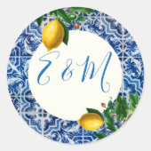 Weddenschap Lemon Blue Tile Monogram Ronde Sticker (Voorkant)