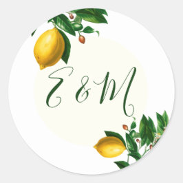 Weddenschap Lemon Botanical Simple Monogram Summer Ronde Sticker