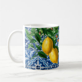 Weddenschap Lemons Blue White Tile Summer Monogram Koffiemok