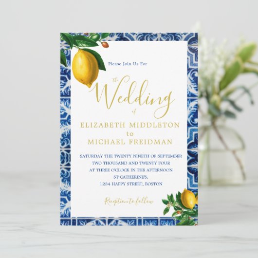 Weddenschap Lemons Blue White Tiles Tuscan Elegant Kaart (Staand voorkant)