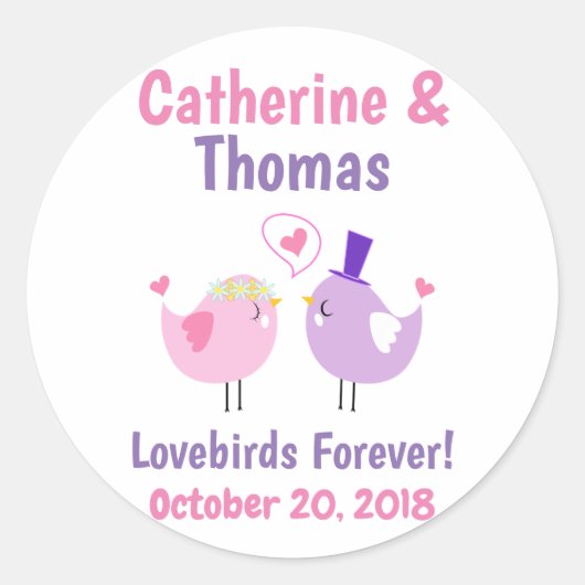 Weddenschap Lovevogels Cute Pink Paars Ronde Sticker (Voorkant)