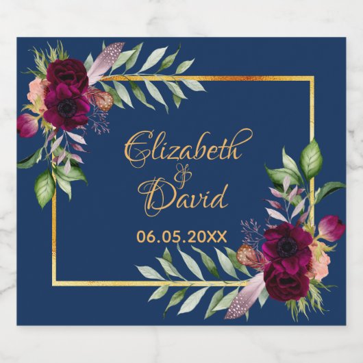 Weddenschap marineblauw floral sparkling wijnetiket (Enkel label)
