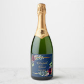 Weddenschap marineblauw floral sparkling wijnetiket (Voorkant)
