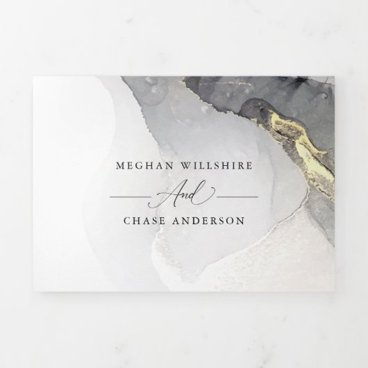 Weddenschap marmer Black Gold Alcohol Ink Tri-Fold Drieluik Uitnodiging (Cover)