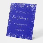 Weddenschap met blauwe zilverglitter reclamebord met voetstuk (Voorkant)