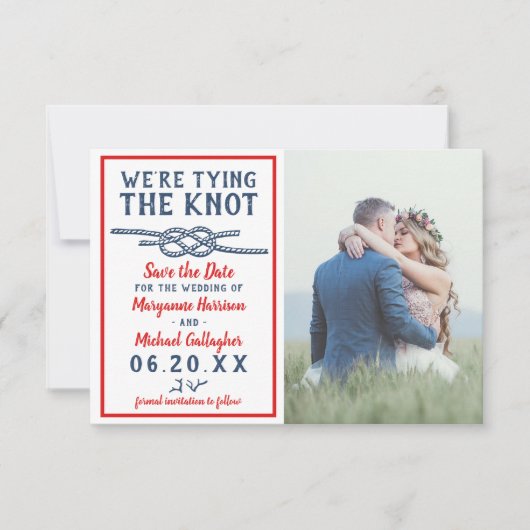 Weddenschap met de Knot Beach foto Navy Blue Red Save The Date (Voorkant)