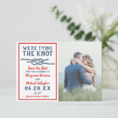 Weddenschap met de Knot Beach foto Navy Blue Red Save The Date (Staand voorkant)