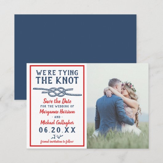 Weddenschap met de Knot Beach foto Navy Blue Red Save The Date (Voorkant / Achterkant)
