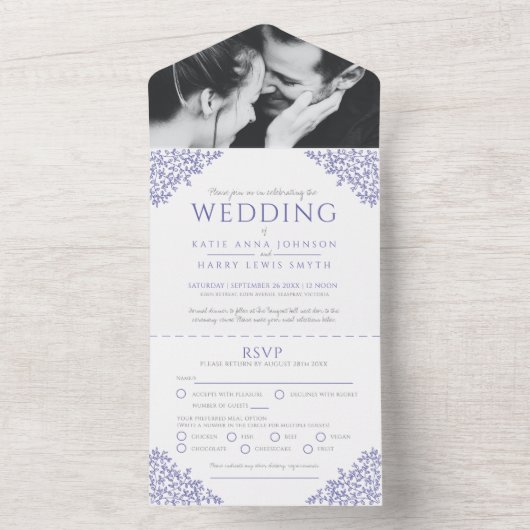 Weddenschap met witte bladeren Fotomaaltijd RSVP All In One Uitnodiging (Binnen)