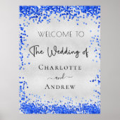 Weddenschap met zilverroyal blue confetti Welkom Poster (Voorkant)
