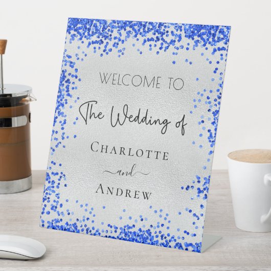 Weddenschap met zilverroyal blue confetti Welkom Reclamebord Met Voetstuk (Insitu)