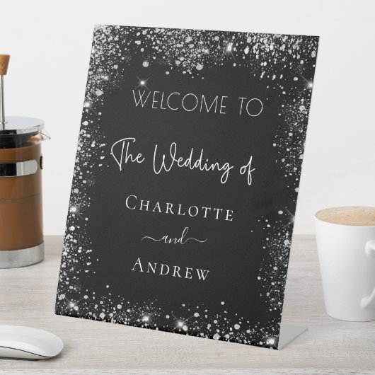 Weddenschap met zwarte zilverglitter reclamebord met voetstuk (Insitu)