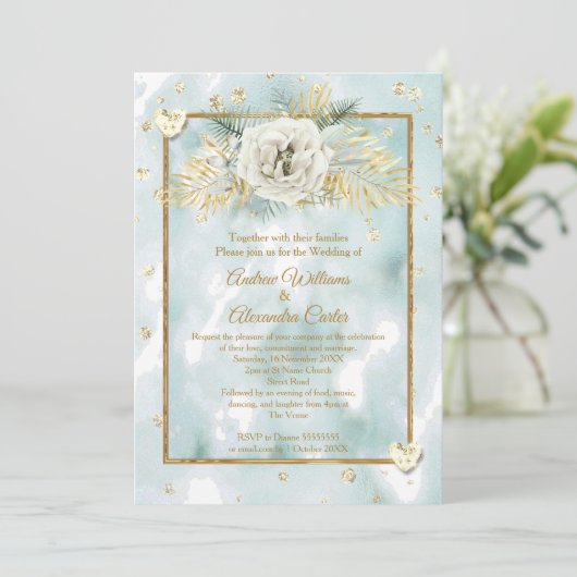 Weddenschap Mint Blauwgroen goudmarmer Roos Floral Kaart (Staand voorkant)