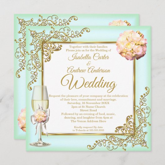 Weddenschap Mint Coral Champagne Gold Pearl Kaart (Voorkant / Achterkant)