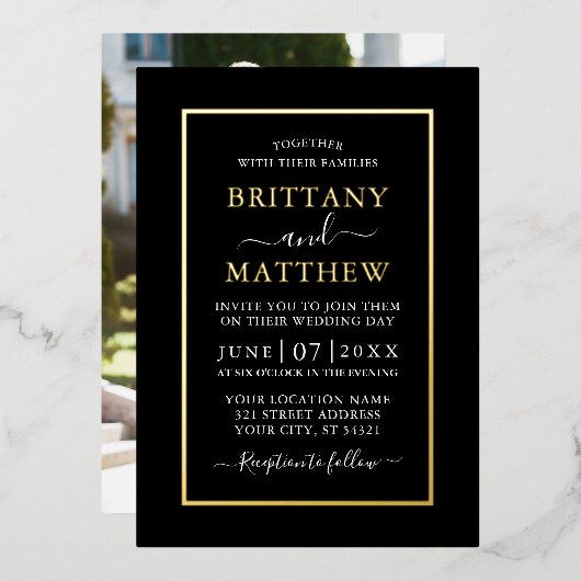 Weddenschap Modern Elegant Photo Black White Gold Folie Uitnodiging (Voorkant / Achterkant)