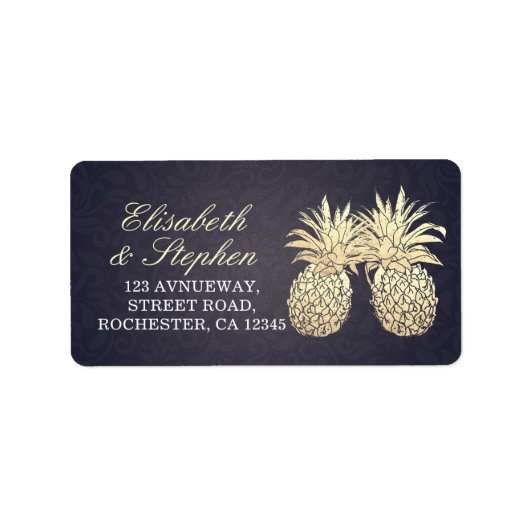 Weddenschap Modern Golden Pineapples Navy Blue Etiket (Voorkant)