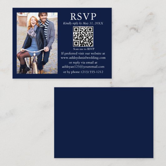 Weddenschap Modern Minimalist Foto Blue QR RSVP Informatiekaartje (Voorkant / Achterkant)