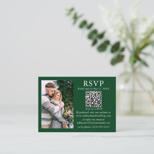 Weddenschap Modern Minimalist Foto Green QR RSVP Informatiekaartje (Staand voorkant)