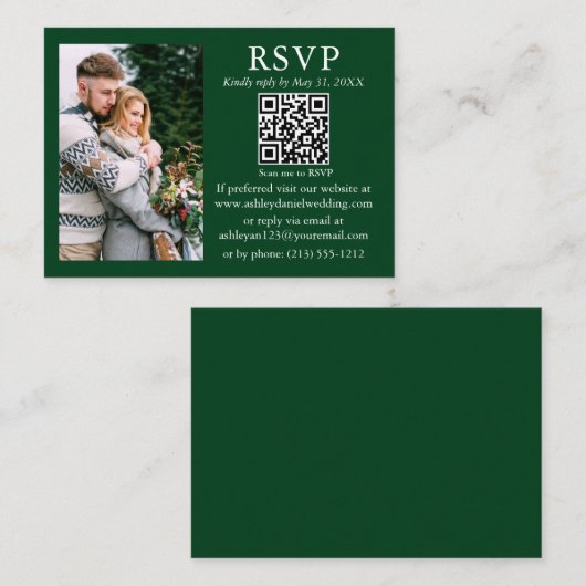 Weddenschap Modern Minimalist Foto Green QR RSVP Informatiekaartje (Voorkant / Achterkant)