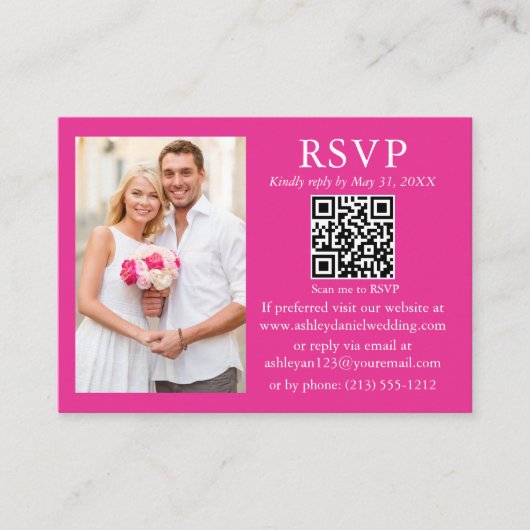 Weddenschap Modern Minimalist Foto Hot Pink QR RSV Informatiekaartje (Voorkant)