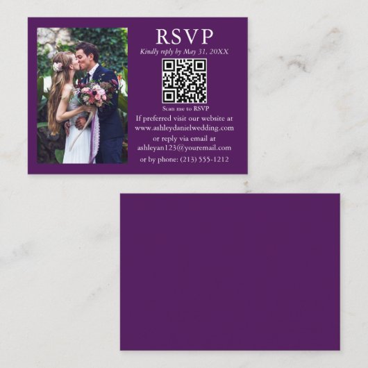 Weddenschap Modern Minimalist Foto Paars QR RSVP Informatiekaartje (Voorkant / Achterkant)