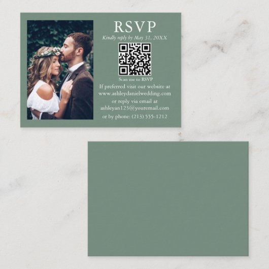 Weddenschap Modern Minimalist Foto Sage Green QR R Informatiekaartje (Voorkant / Achterkant)