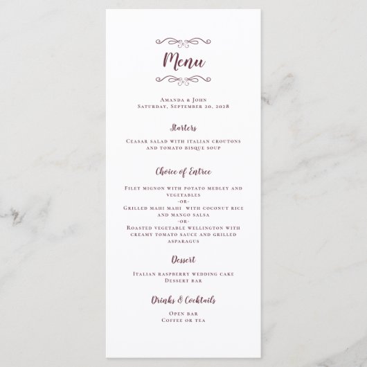 Weddenschap Moderne Burgundy Dinner Party Menu (Voorkant)