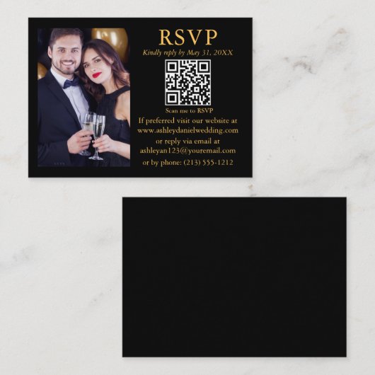 Weddenschap Moderne QR Foto Black Gold RSVP Informatiekaartje (Voorkant / Achterkant)