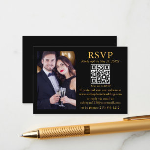 Weddenschap Moderne QR Foto Black Gold RSVP Informatiekaartje