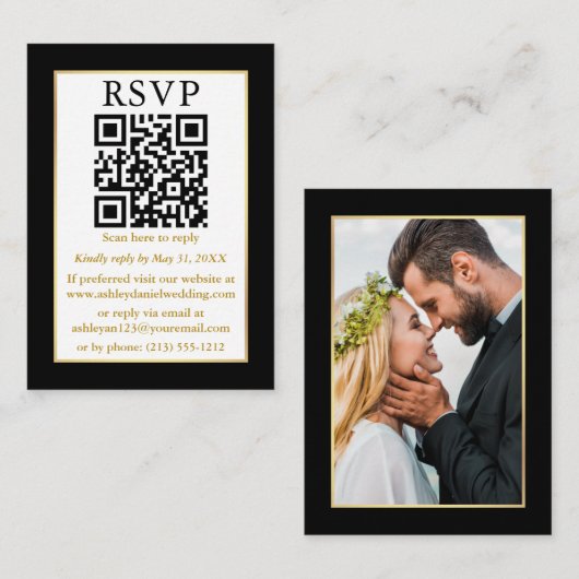 Weddenschap Moderne QR Photo Gold Lijst Black QR Informatiekaartje (Voorkant / Achterkant)