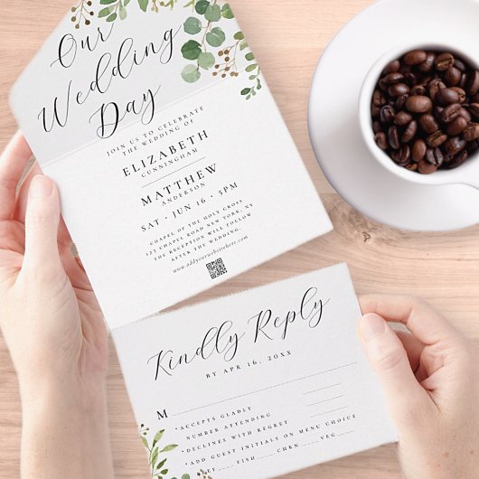 Weddenschap Moderne Waterverf Foliage Chic QR Code All In One Uitnodiging