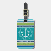 Weddenschap Monogram Anchor Laurel Wreath Aqua Str Bagagelabel (Voorkant verticaal)